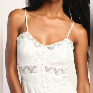 Classically Elegant White Satin Jacquard Lace Midi Dress